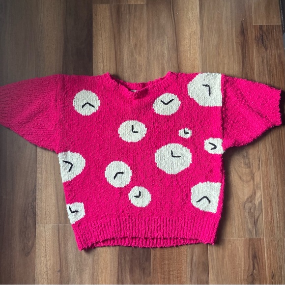 Chaus Sweaters - Hot Pink Bold 1980s Vintage Quirky Clock Short Sleeve Sweater